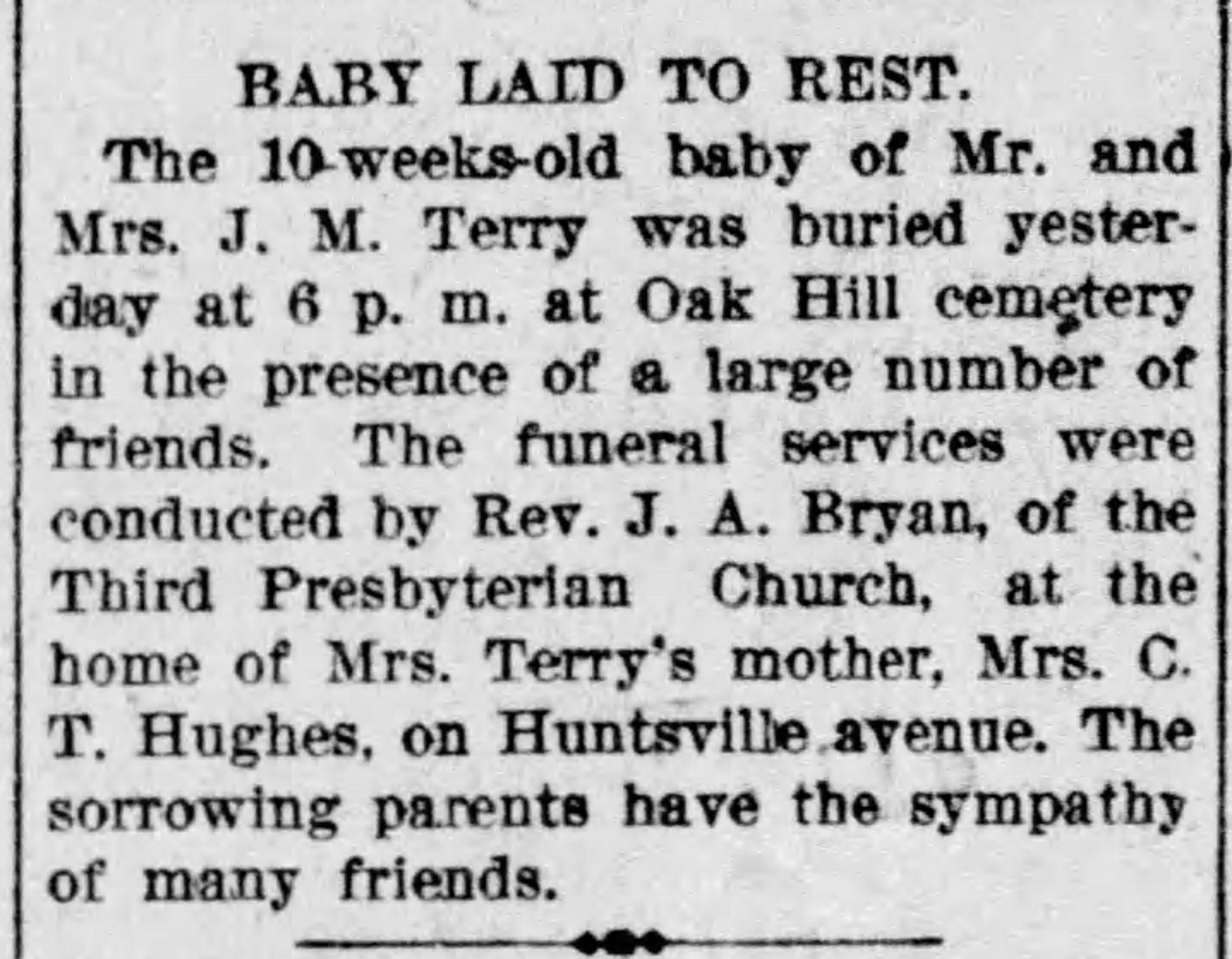 Infant Baby of J.M. Terry obituary